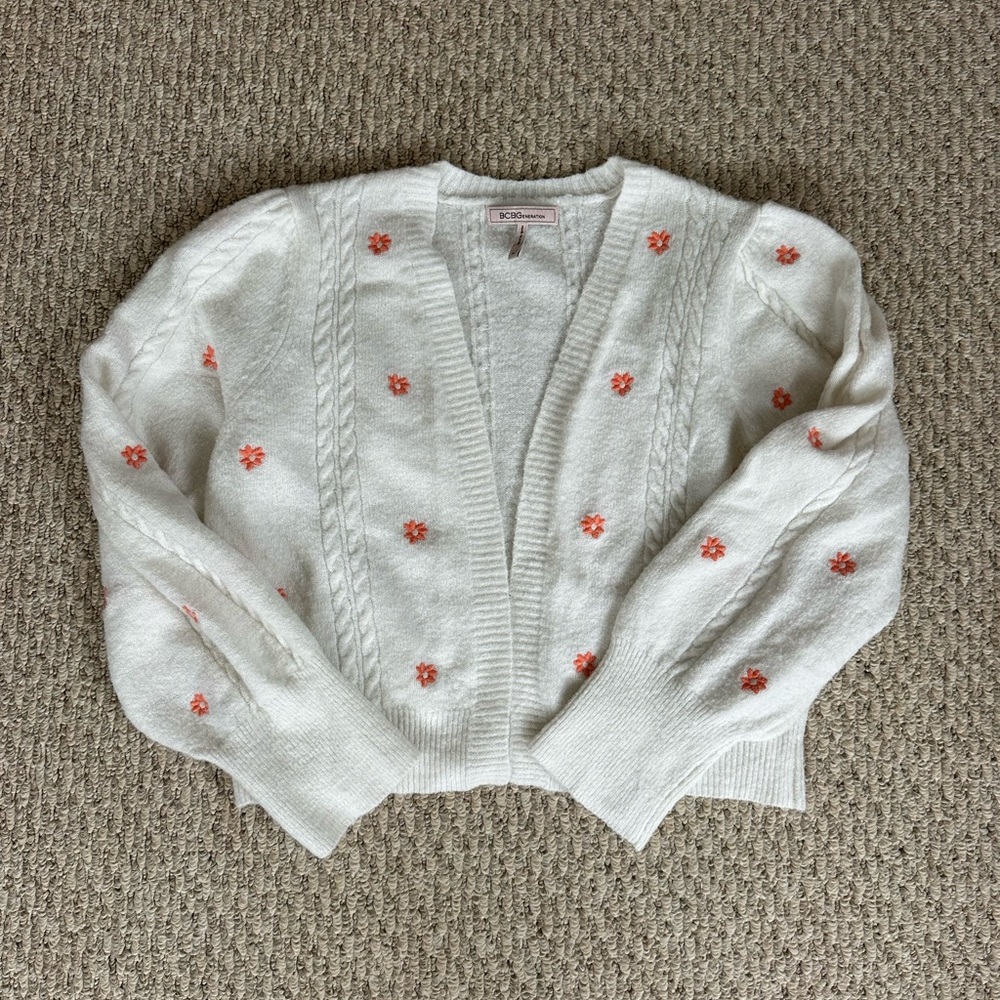 BCBGeneration Cream Cardigan with Pink Floral Accents